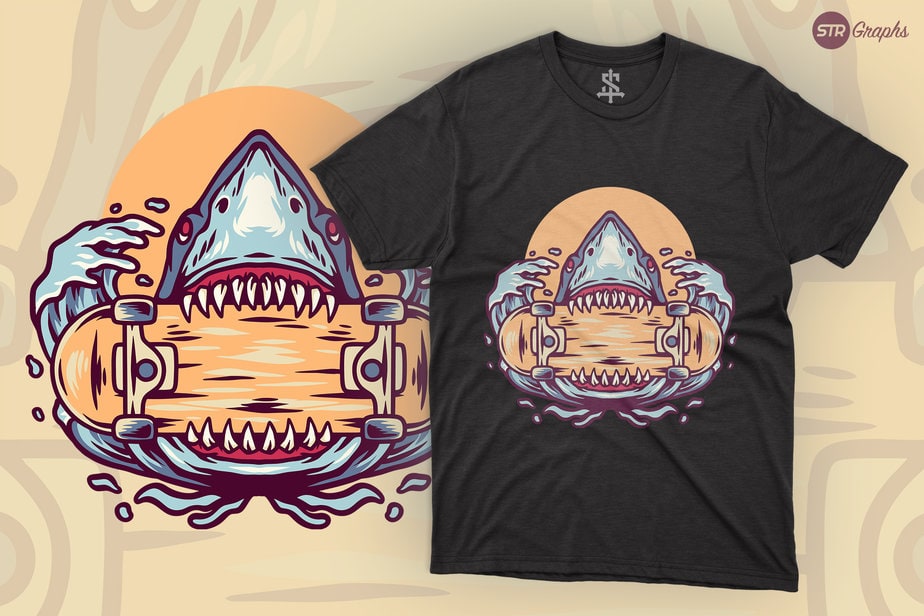 Shark And Skateboard - Retro Illustration - Buy t-shirt designs