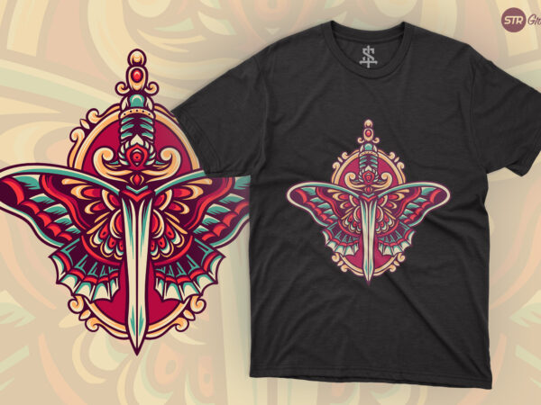 Sword butterfly – retro illustration t shirt template vector