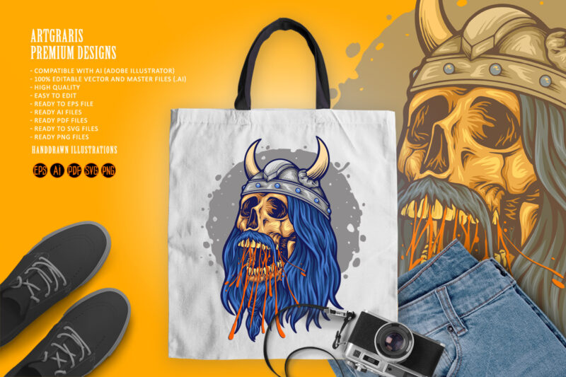 Viking skull head horned helmet illustrations