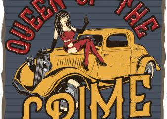 A girl sitiing on a car with a gun in her hand, t-shirt design