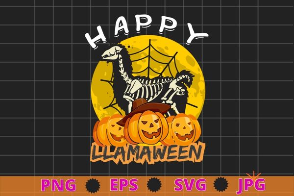Happy llamaween llama funny halloween skeleton kids girls t-shirt design svg, hallo llamaween, llama,llama skeleton png