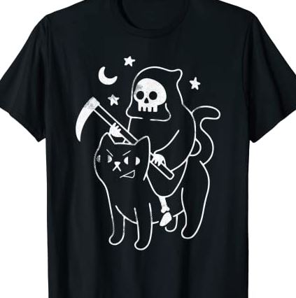 Grim Reaper Riding A Cat Lazy Halloween Costume Funny Kitten T-Shirt CL ...