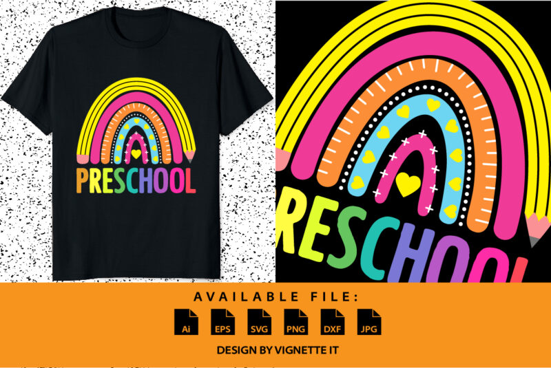 Preschool Back to school shirt print template, kindergarten rainbow pencil heart shape vector, 100 days of school retro shirt design