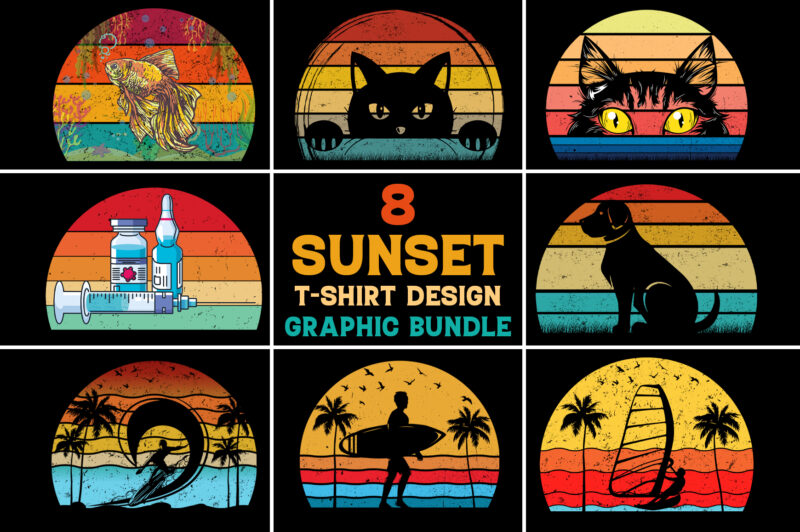 Sunset Retro Vintage T-Shirt Design Graphic Vector Background Bundle,