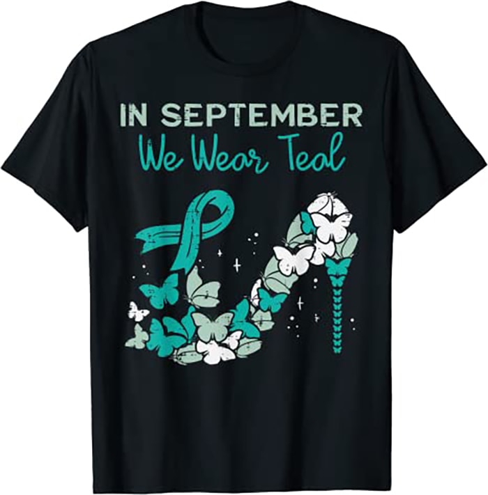 September We Wear Teal Ribbon Shoe Ovarian Cancer Awareness Buy T Shirt Designs 1368