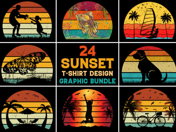 Sunset retro vintage t-shirt design graphic vector background bundle,