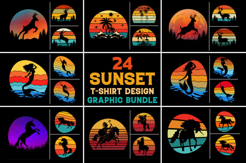 Sunset Retro Vintage T-Shirt Design Graphic Vector Background Bundle