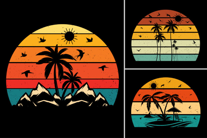 Sunset Retro Vintage T-Shirt Design Graphic Vector Background Bundle