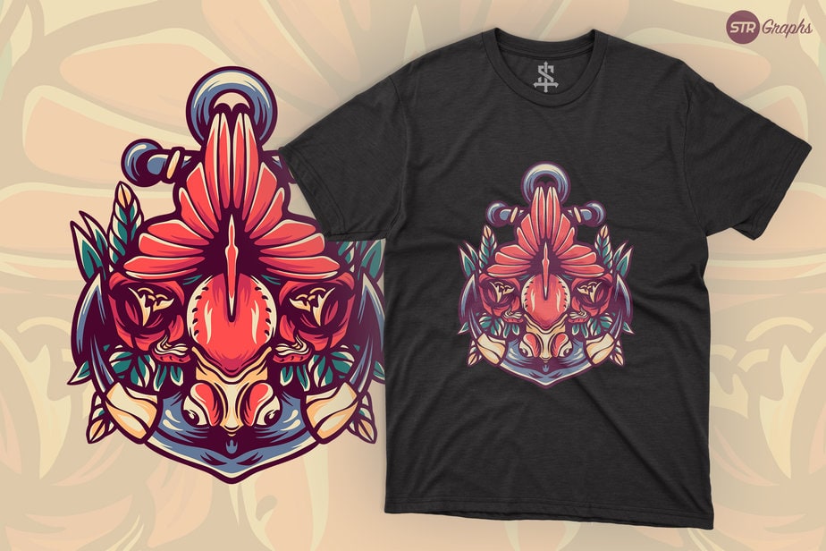 Golden Fish And Anchor - Retro Illustration - Buy t-shirt designs