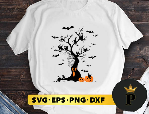 Black Cat Halloween Tree SVG, Halloween Silhouette SVG, Halloween svg, Witch Svg, Halloween Ghost svg, Halloween Clipart, Pumpkin svg files, Halloween svg png graphics