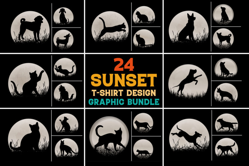 Cat Dog Sunset T-Shirt Graphic Vector