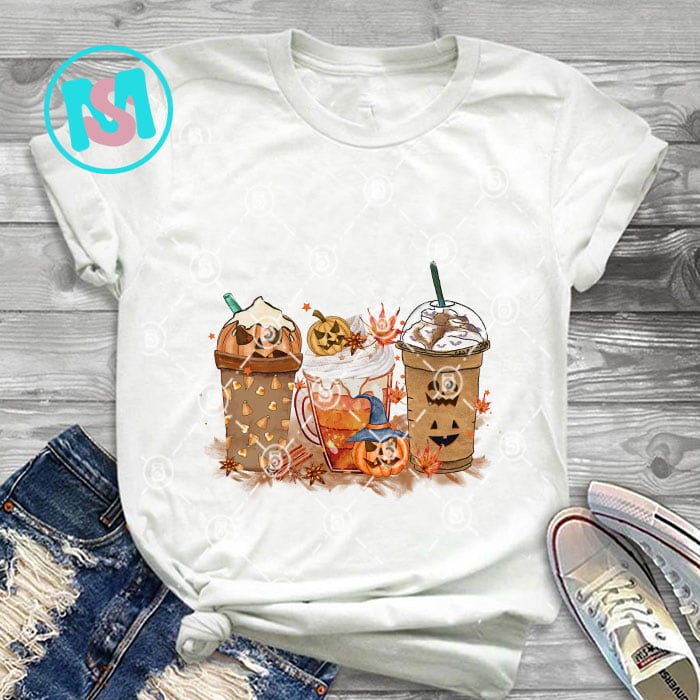 Bundle Halloween Coffee latte PNG, Iced coffee cheetah leopard drink cozy digital, Sublimation design hand drawn Printable Graphic