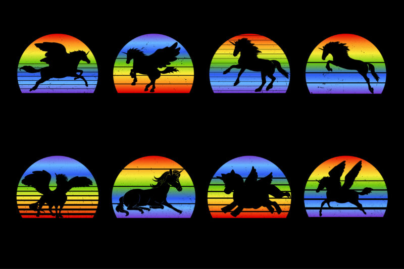 Unicorn Retro Vintage Sunset T-Shirt Graphic Bundle