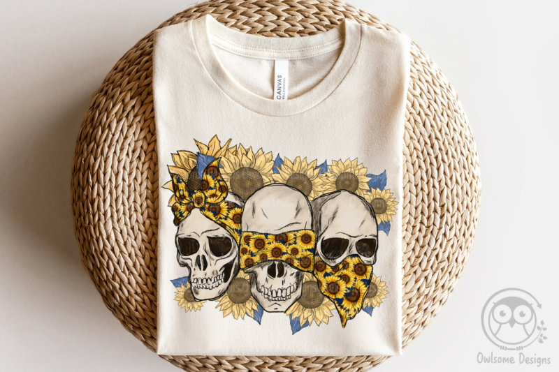 Skull See Nothing Hear Say Sunflower Sublimation Design