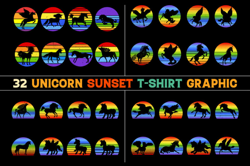 Unicorn Retro Vintage Sunset T-Shirt Graphic Bundle