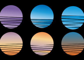 Retro sunset circle with gradient color. Vintage textured sticker of sun beach icon. Abstract stylized holiday on surf in ocean logo for t-shirt. Horizon striped colorful circles with grunge effect