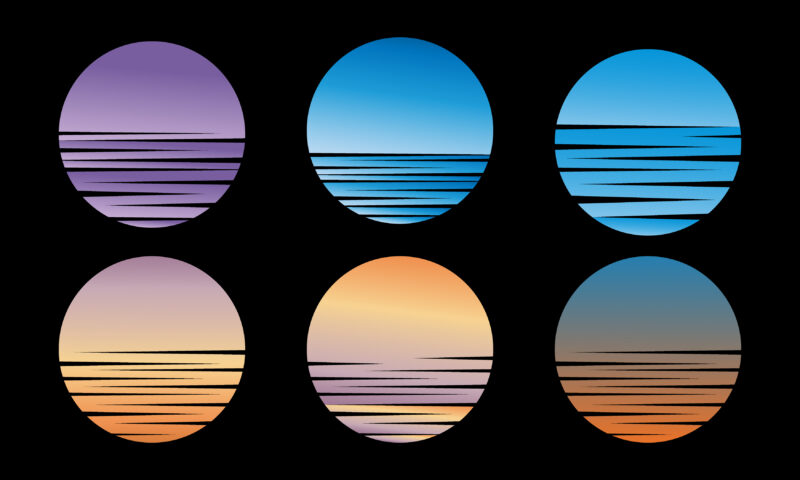 Retro sunset circle with gradient color. Vintage textured sticker