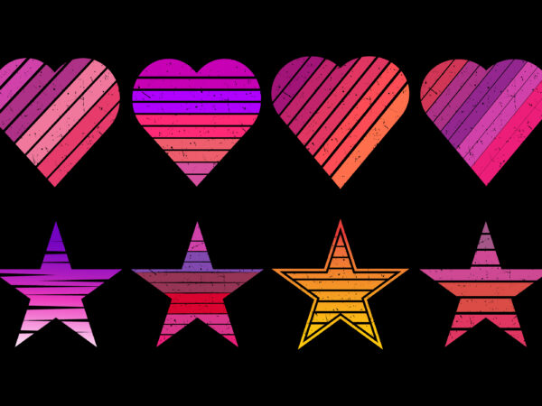 Love and star vintage sunset collection in 70s 80s style. regular and distressed retro sunset set. five options with textured versions. circular gradient background. t shirt design element. vector illustration,flat