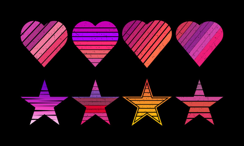 love and star Vintage sunset collection in 70s 80s style. Regular and distressed retro sunset set. Five options with textured versions. Circular gradient background. T shirt design element. Vector illustration,flat