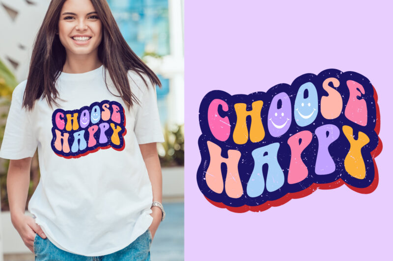 choose happy groovy vintage, typography t shirt print design graphic illustration vector. daisy ornament flower design. card, label, poster, sticker,
