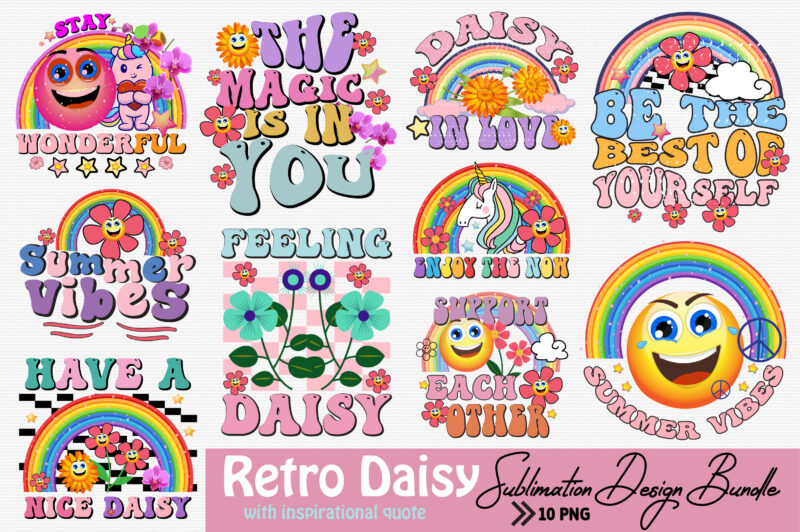 Retro Daisy Quote PNG Sublimation Bundle