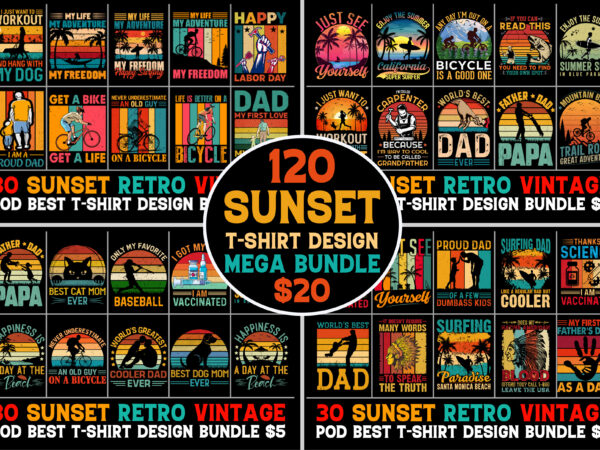 120 retro vintage sunset t-shirt design mega bundle