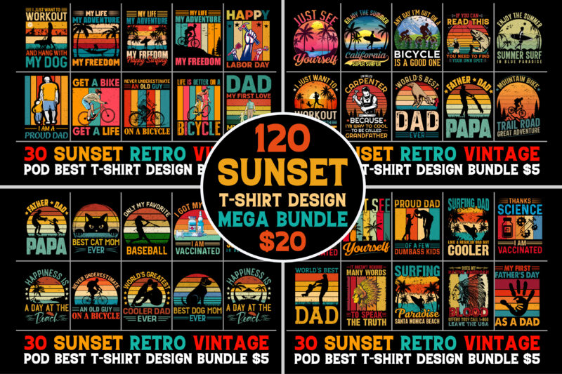 120 Retro Vintage Sunset T-Shirt Design Mega Bundle