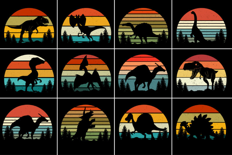 Dinosaur Sunset Retro Vintage T-Shirt Graphic Bundle