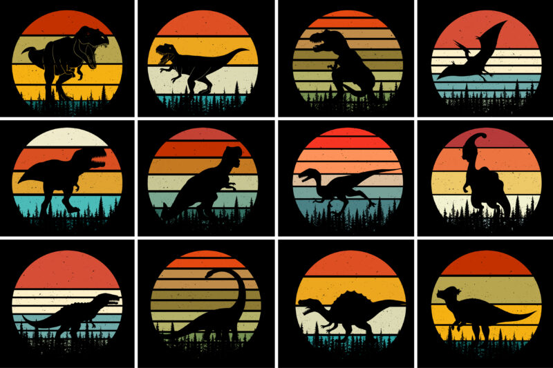 Dinosaur Sunset Retro Vintage T-Shirt Graphic Bundle