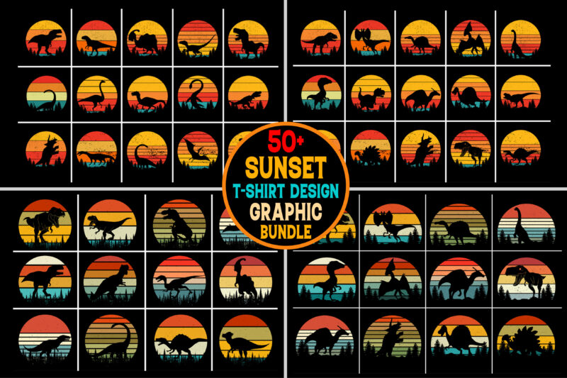 Dinosaur Sunset Retro Vintage T-Shirt Graphic Bundle