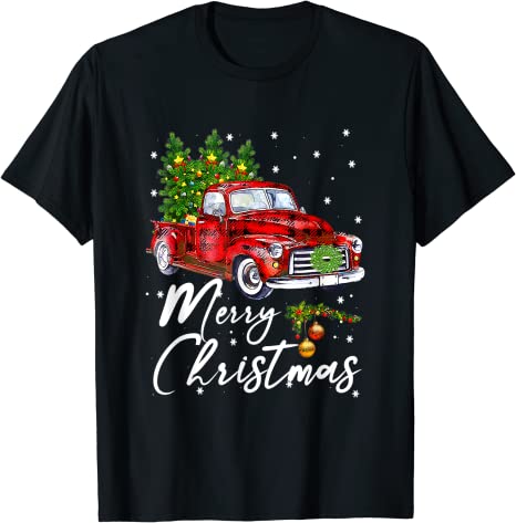 Merry Christmas Vintage Wagon Red Truck Pajama Family Party T-Shirt ...