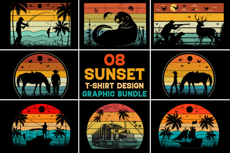 Retro Vintage Sunset T-Shirt Design Graphic Vector Background Bundle