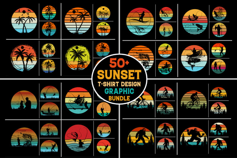 Retro Vintage Sunset T-Shirt Design Graphic Background Bundle