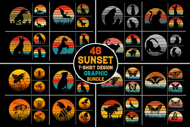 Retro Vintage Sunset T-Shirt Design Graphic Vector Background Bundle