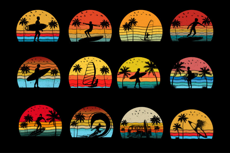 Surfing Retro Vintage Sunset Graphic Bundle