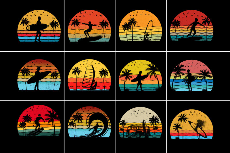 Surfing Retro Vintage Sunset Graphic Bundle