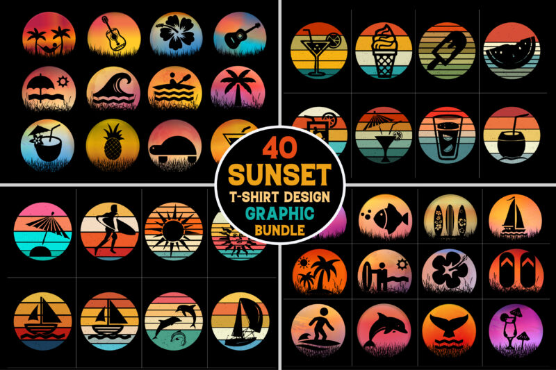 Summer Sunset Retro Vintage T-Shirt Graphic Bundle