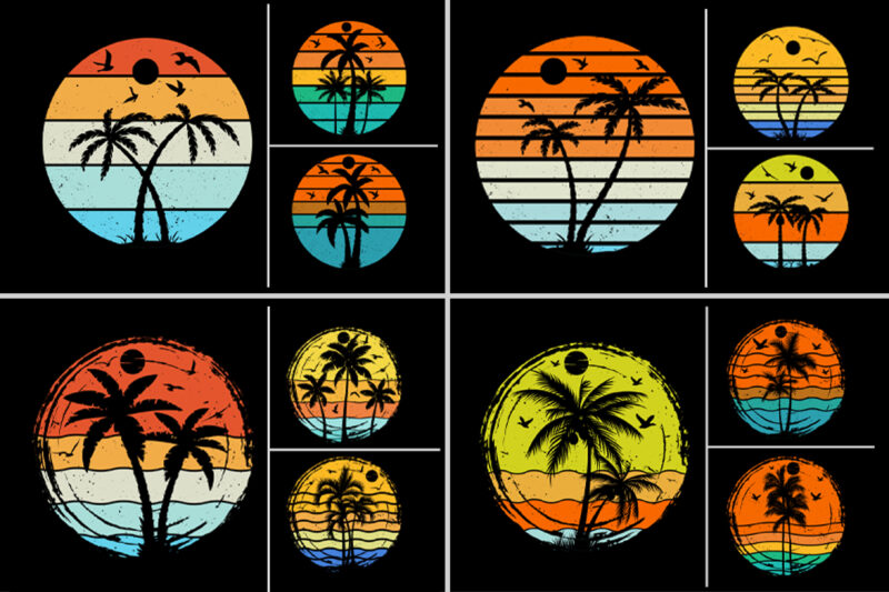 Retro Vintage Sunset T-Shirt Design Graphic Background Bundle