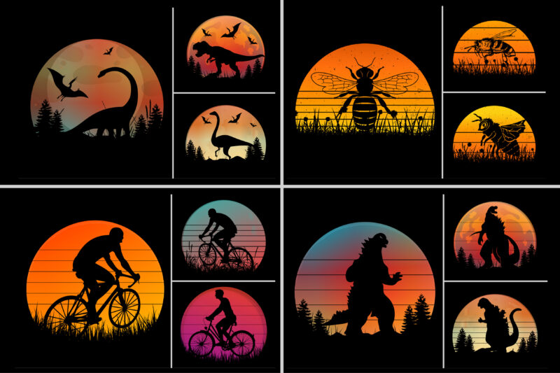 Sunset Retro Vintage T-Shirt Design Graphic Vector Background Bundle