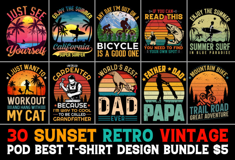 120 Retro Vintage Sunset T-Shirt Design Mega Bundle