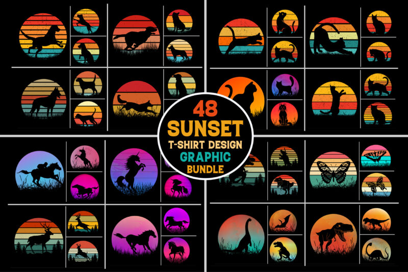 Sunset Retro Vintage T-Shirt Design Graphic Vector Background Bundle