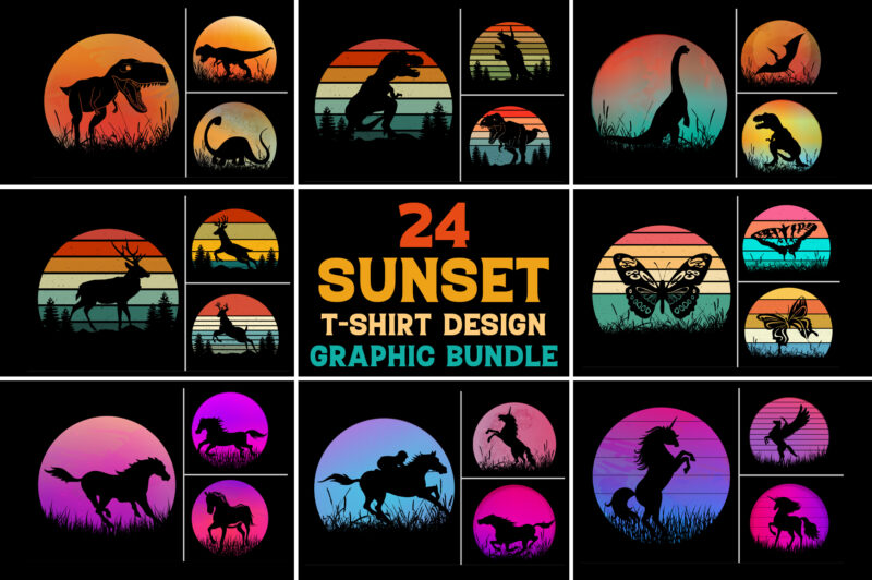 Sunset Retro Vintage T-Shirt Design Graphic Vector Background Bundle