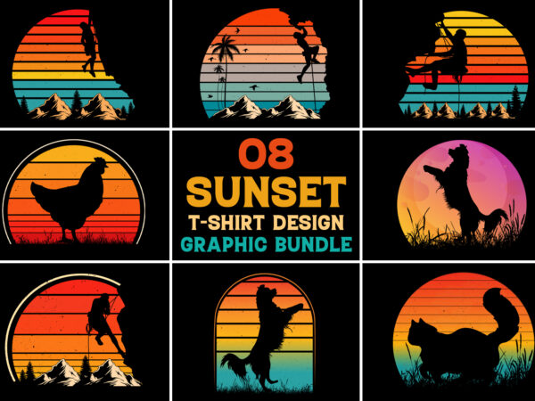 Sunset vintage retro t-shirt design graphic vector background bundle