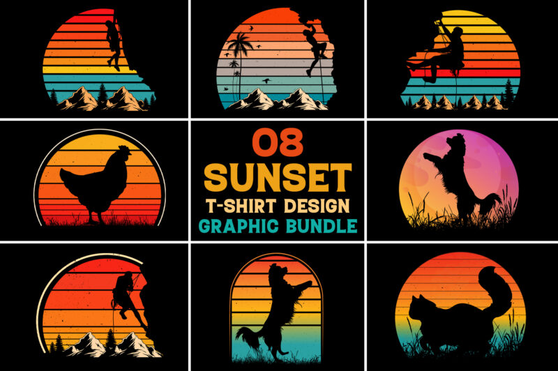 Sunset Vintage Retro T-Shirt Design Graphic Vector Background Bundle