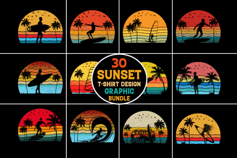 Surfing Retro Vintage Sunset Graphic Bundle