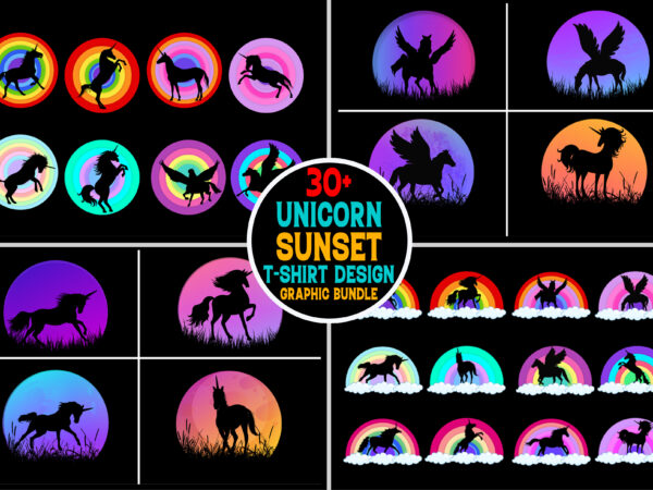 Unicorn rainbow sunset t-shirt graphic bundle