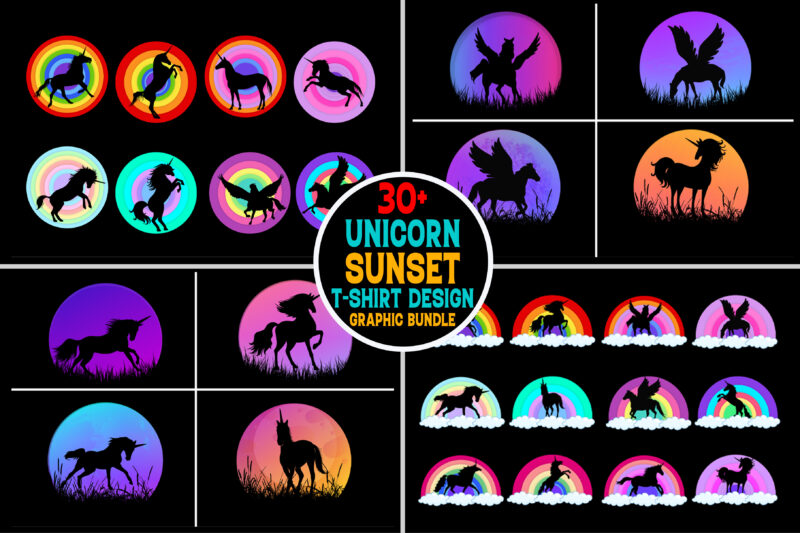 Unicorn Rainbow Sunset T-Shirt Graphic Bundle