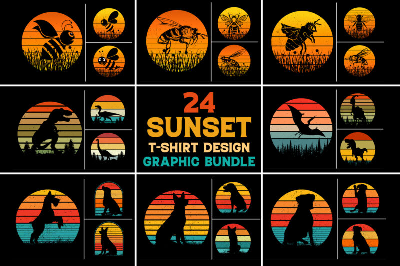 Retro Vintage Sunset T-Shirt Design Graphic Vector Background Bundle