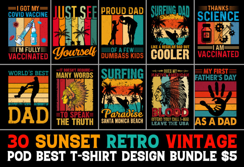 120 Retro Vintage Sunset T-Shirt Design Mega Bundle