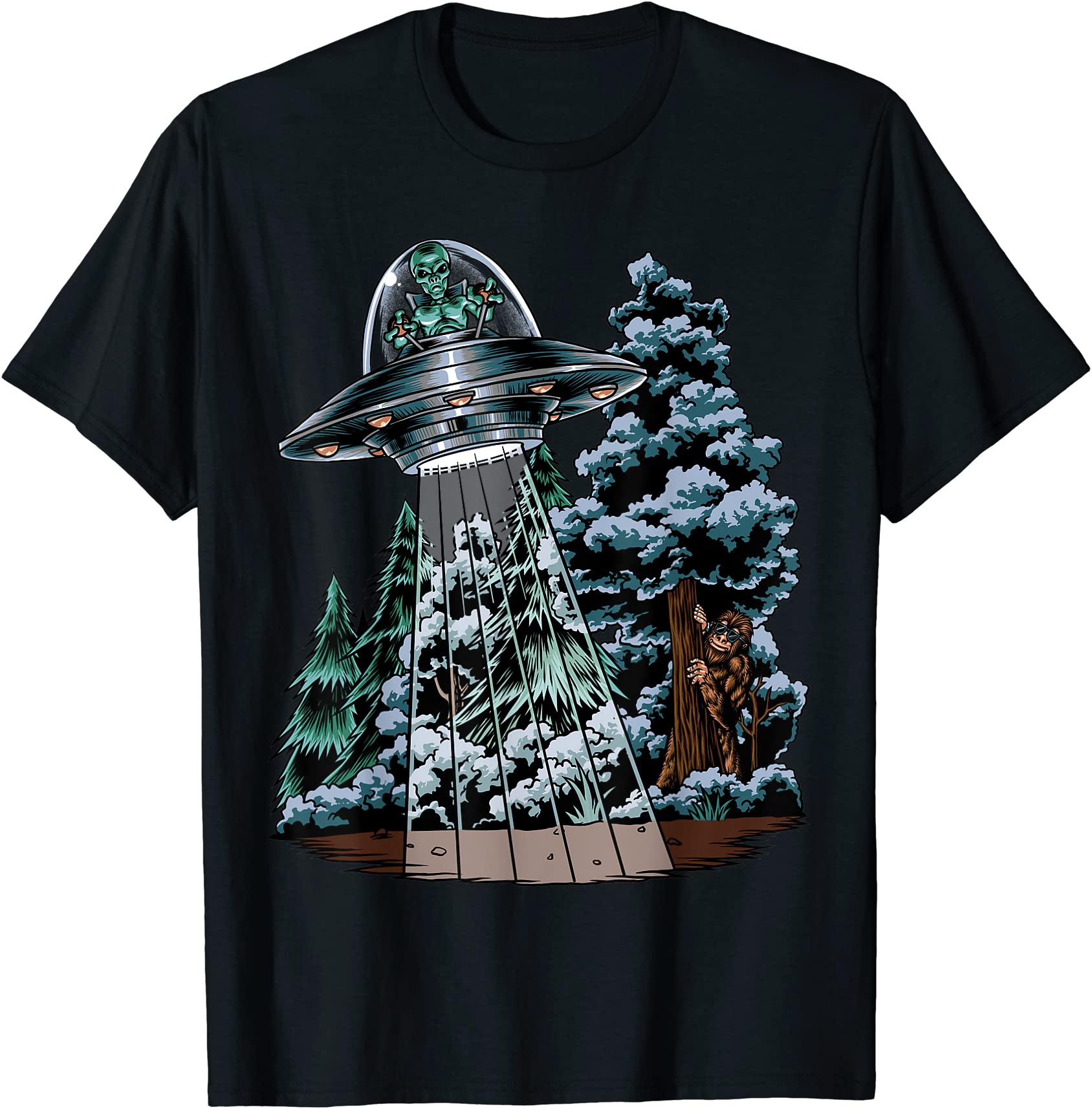 bigfoot hiding from alien in a ufo behind a tree forest t shirt men ...